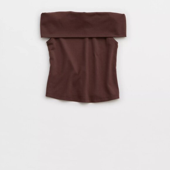 Aerie Crop Top Chill Up Multiway Foldover Shirt Brown XS - Picture 4 of 5